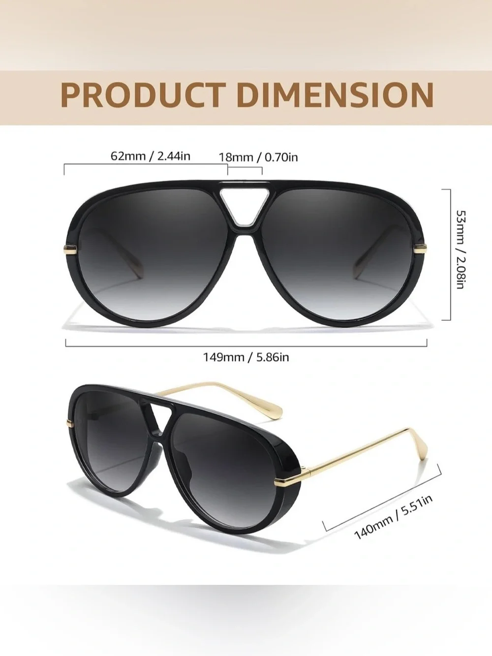 TJUTR Women’s Oversized Black and Gold Aviator Sunglasses - One Size